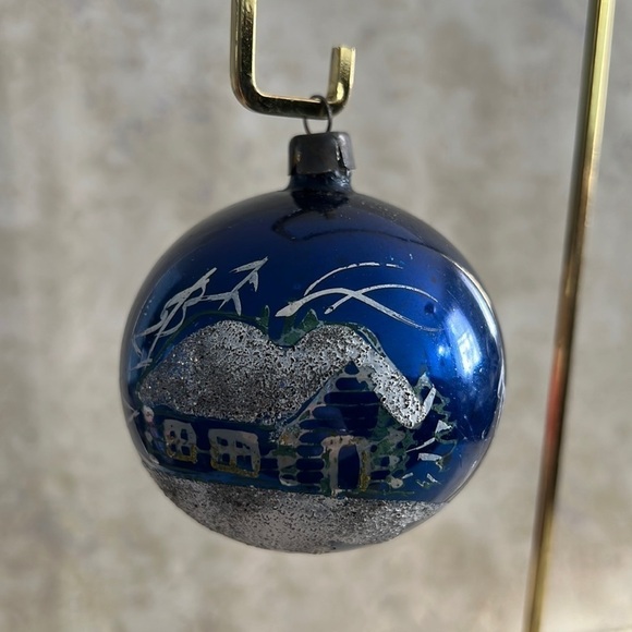 Old Vintage Christmas Ornament Hand Painted Cottage with Mica Sparkle Blue - Picture 2 of 5